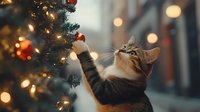 Playful tabby cat reaching for red ornament on illuminated Christmas tree, creating magical holiday atmosphere with soft bokeh lights in background.