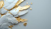 Delicate white feathers with gold leaf accents scattered on light gray background, creating elegant artistic composition for luxury design and decoration purposes.