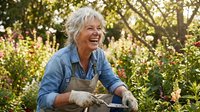 Senior woman with white hair, wearing denim shirt and apron, tending garden with tools among blooming flowers and trees on sunny day.