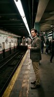 Professional businessman waiting for subway train on urban underground platform during evening commute in city transit station.