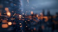 Glowing digital data stream with blurred city lights in background creates atmospheric cybersecurity and technology concept at dusk.