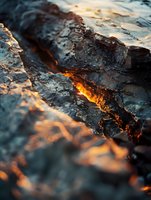 Glowing lava flows through volcanic rock cracks with molten orange and yellow light, capturing intense geothermal heat and natural geological power.