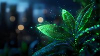 Young green plant leaves with magical glowing particles and bokeh lights in dark background, nature growth concept with mystical atmosphere.