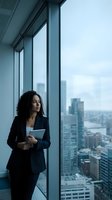 Professional businesswoman with curly hair holding tablet looking out office window at city skyline during daytime for corporate presentations.