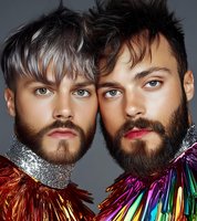 Two bearded men with dramatic makeup wearing colorful metallic fringe collars against gray background. Fashion portrait showcasing bold beauty and gender-fluid styling.