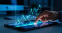 Businessman finger touching tablet screen with glowing financial chart and trading data analytics for investment strategy and market analysis.