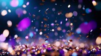 Glittering metallic confetti pieces floating against dark background with purple and blue bokeh lights creating magical festive atmosphere.