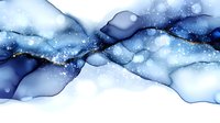 Abstract navy blue and white alcohol ink art with gold sparkles and flowing waves creates dreamy winter landscape effect, suitable for modern wall decor and design projects.