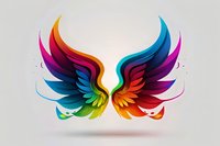 Vibrant rainbow-colored wings spread symmetrically against light background, featuring flowing curved lines and gradient color transitions from blue to red with purple accents.