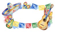 Colorful Mexican fiesta frame with sombrero, guitar, maracas and papel picado bunting on white background. Festive Cinco de Mayo border design.