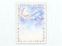 Watercolor celestial frame with crescent moon, stars and clouds in purple and blue tones for stationery, invitations and decorative projects.