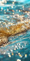 Sparkling golden water splash with bokeh effect against turquoise blue background, creating magical atmosphere with shimmering bubbles and light reflections.