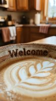 Latte art in a ceramic mug with Welcome inscription, leaf pattern on frothy milk, cozy kitchen background, warm tones, hospitality concept.