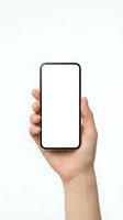 Hand holding smartphone with blank white screen mockup isolated on white background for app presentation and mobile interface design.