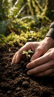 Hands planting a tiny green seedling in rich dark soil, symbolizing growth, sustainability, and environmental care in a lush garden setting.