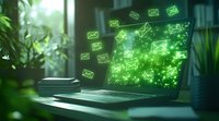 Glowing green email icons and particles emerging from laptop screen in dark office setting with plants, representing digital communication and messaging.