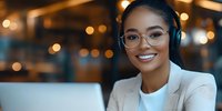 Young African American businesswoman wearing headphones and glasses smiles while working on laptop in evening office with bokeh lights background.