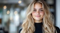Young blonde woman with wavy hair and blue eyes smiling at camera, wearing black top against blurred background with bokeh lights.