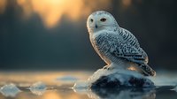 Majestic snowy owl perched on ice during golden sunset, displaying detailed white and black feather patterns against moody winter backdrop.
