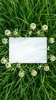 Blank white paper card surrounded by small white flowers on green grass background for spring greeting cards and natural design projects.