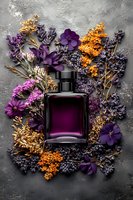 Purple perfume bottle surrounded by dried flowers in purple and orange tones on dark concrete background, luxury fragrance product photography for beauty industry.