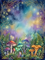 Enchanted forest scene with glowing mushrooms, ferns, and magical starry sky with golden ornamental foliage frame, perfect for fantasy and children's book illustrations.