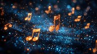 Glowing golden musical notes floating in dark blue cosmic space with magical sparkles and bokeh lights creating dreamy atmospheric composition.