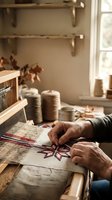 Artisan hands weaving a colorful geometric pattern on a traditional loom in a rustic workshop with natural light and yarn spools.
