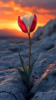 Single red and white tulip growing through rocky ground against dramatic orange sunset sky, creating striking silhouette and natural lighting effect.