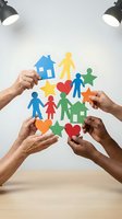 Multiple diverse hands arranging colorful paper cutouts of family figures, houses, hearts and stars on white background, symbolizing community support, charity and togetherness.