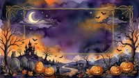 Halloween night scene with spooky castle, pumpkins, bats and crescent moon in ornate gothic frame for seasonal designs and decorations.