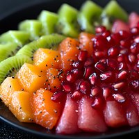 Fresh tropical fruit slices arranged in rainbow pattern with kiwi, mango, watermelon and pomegranate seeds on black plate, macro food photography.