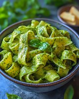 Fresh pappardelle pasta ribbons tossed in vibrant basil pesto sauce, garnished with herbs in rustic ceramic bowl, close-up view on dark background.