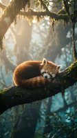 Adorable red panda sleeping peacefully on moss-covered tree branch in enchanted forest with golden sunlight filtering through leaves creating magical atmosphere.