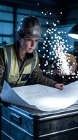 Female welder in safety helmet and reflective vest reviewing blueprints while welding sparks fly in industrial workshop setting for construction and manufacturing projects.