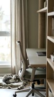 Cozy home office with ergonomic chair, wooden desk, laptop, bookshelf, and a sleeping cat on a blanket by the window in natural light.