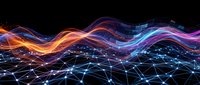 Abstract digital wave with glowing neon colors flowing over network grid on black background for technology and data visualization concepts.