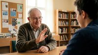 Senior Caucasian professor in cardigan discussing with young student in warm office library setting. Academic mentorship and educational guidance concept.