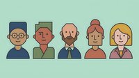 Diverse group of five professional people avatars in minimalist flat design style with colorful outlines on mint green background for business presentations.