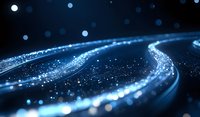 Abstract glowing blue curved lines with sparkles and particles on dark background create futuristic technology concept for digital transformation designs.