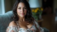 Young Hispanic woman with curly hair relaxing on couch at home wearing floral off-shoulder top, natural lighting creating warm intimate atmosphere for lifestyle content.