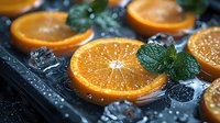 Fresh orange slices with mint leaves and ice cubes on dark wet surface with water drops, macro shot with selective focus for food and drink design.