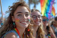 Young woman with rainbow face paint and glitter smiling at pride parade celebration, wearing colorful attire and turquoise earrings amid festive crowd and rainbow flags.