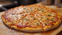 Fresh homemade pizza with melted mozzarella cheese, tomato sauce and aromatic herbs served on wooden cutting board, close up view of crispy crust and bubbling cheese.
