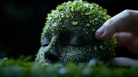 Fresh green broccoli floret close-up with hand touching, showing detailed texture and natural pattern in moody dark lighting against black background.
