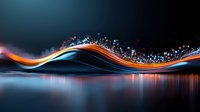 Dynamic wave of glowing orange light with scattered blue particles flowing over reflective surface against dark background, creating futuristic motion effect.