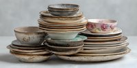 Handmade ceramic dinnerware collection with rustic bowls, plates and cups in earthy tones, artisan pottery for kitchen and dining room decor.