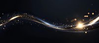 Glowing golden and silver light waves with sparkles flowing on dark background, abstract luminous curved lines with magical particles effect.