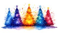 Colorful watercolor Christmas trees in rainbow hues with golden stars and sparkles on white background, holiday greeting card design for winter celebrations.