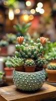Miniature succulent and cactus arrangement in decorative mint green dotted ceramic pot with bokeh lights background, creating cozy home garden atmosphere.